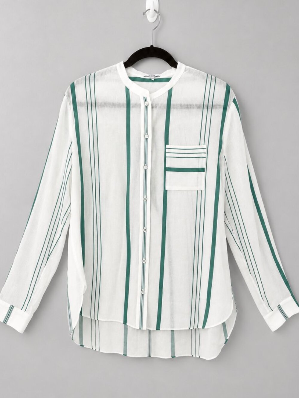 Reiss Katey Band Collar, Green & White Stripe Blouse, Size 8 - Picture 2 of 11